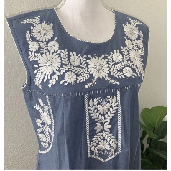 Tory Burch Sz XS Embroidered Chambray Tunic Calita Mini Shift Dress Scallop - Picture 5 of 12